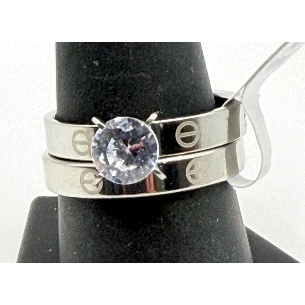 NWT Silver Tone Stainless‎ Steel Wedding Ring Set Size 11 CZ Solitaire